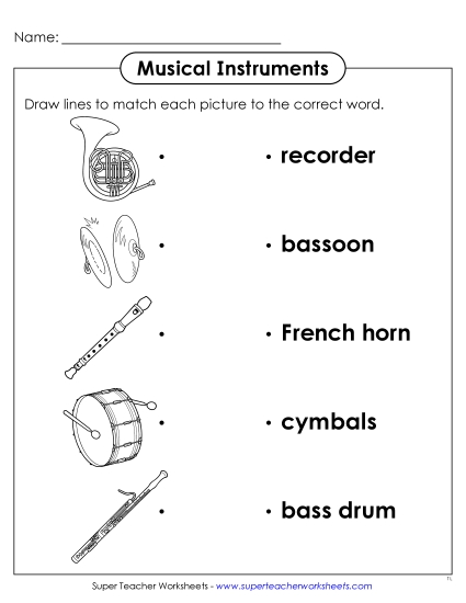 Worksheets - Musical Instruments Matching 3 (Printable PDF Worksheet)