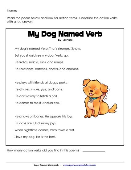 Grammar Poems - My Dog Named Verb  (Printable PDF Worksheet)