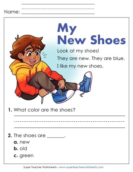 Reading Comprehension and  Additional ELA Skills - My New Shoes (Printable PDF Worksheet)