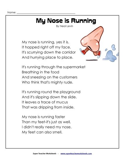 4th Grade Poems - My Nose is Running (Printable PDF Worksheet)