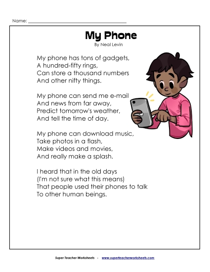 Poems - My Phone  (Poetry) (Printable PDF Worksheet)