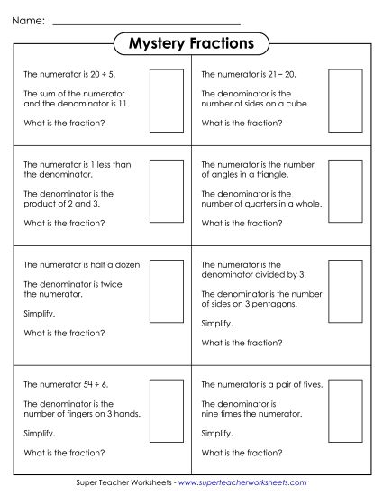 Numerators & Denominators - Mystery Fractions: Numerators & Denominators (Printable PDF Worksheet)
