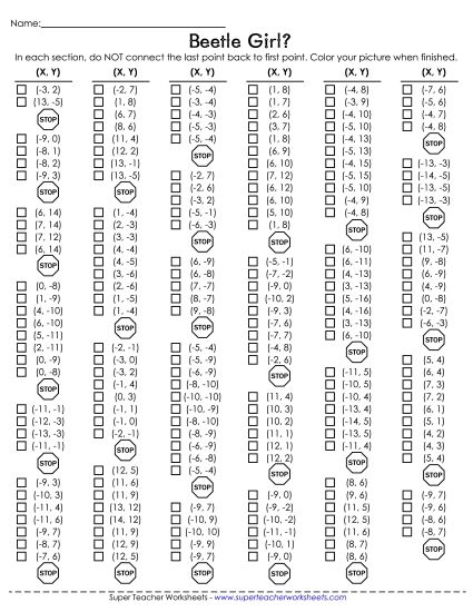 Positive & Negative Numbers: Advanced - Mystery Graph - Ladybug (Printable PDF Worksheet)