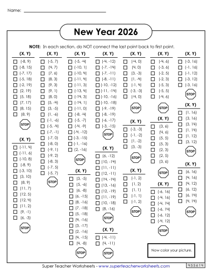 New Year Math - Mystery Graph Picture (Baby New Year 2026) (Printable PDF Worksheet)