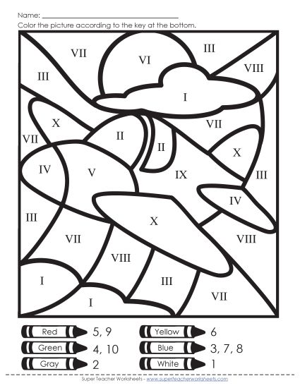 Basic (I through X) - Mystery Picture: Airplane (Printable PDF Worksheet)