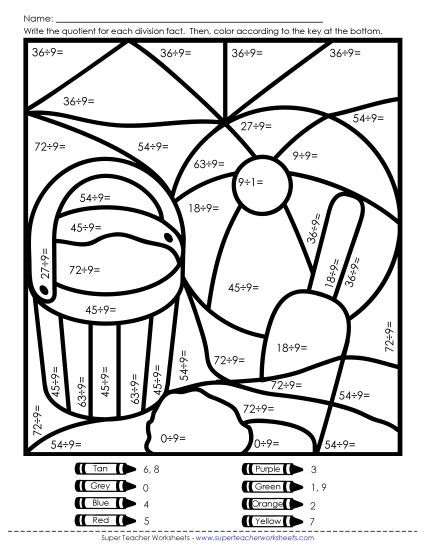 Summer Division - Mystery Picture - Beach (Basic Division) (Printable PDF Worksheet)