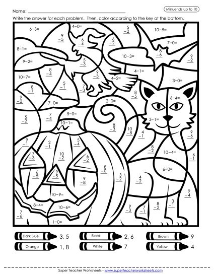 Subtraction - Mystery Picture: Halloween Scene (Subtraction Basic Facts) (Printable PDF Worksheet)