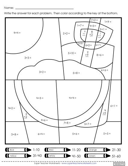 Summer Multiplication - Mystery Picture: Summer Scenes 2 (1-10) (Printable PDF Worksheet)