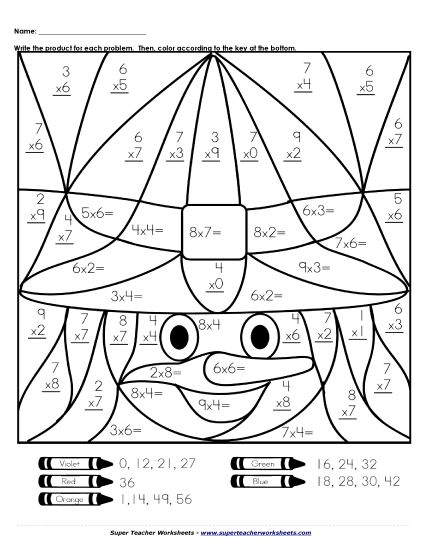 Multiplication - Mystery Picture: Witch (Basic Multiplication Facts) (Printable PDF Worksheet)