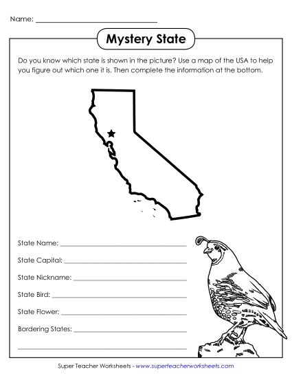 Mystery State Activities - Mystery State: California (Printable PDF Worksheet)