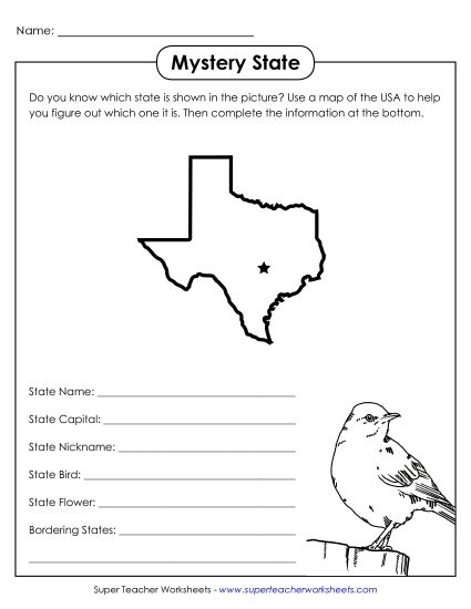 Mystery State Activities - Mystery State: Texas (Printable PDF Worksheet)