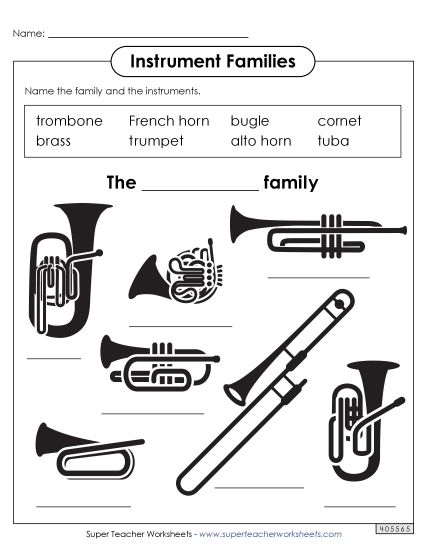 Worksheets - Name the Instruments: Brass Family (Printable PDF Worksheet)