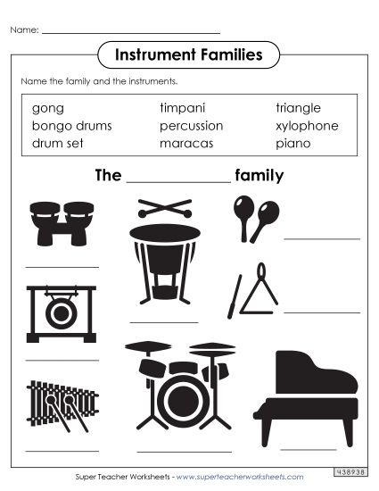 Worksheets - Name the Instruments: Percussion Family (Printable PDF Worksheet)