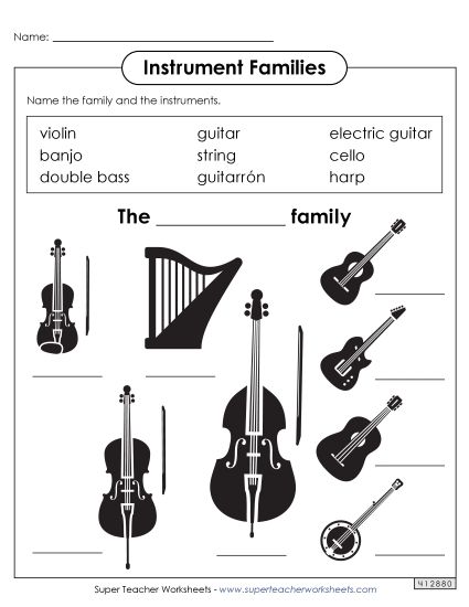 Worksheets - Name the Instruments: String Family (Printable PDF Worksheet)