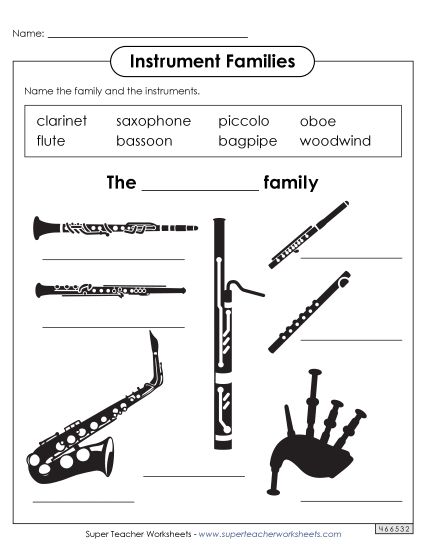 Worksheets - Name the Instruments: Woodwinds (Printable PDF Worksheet)
