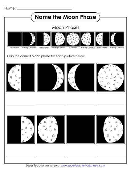 Moon Phases - Name the Moon Phase w/ Guide (Printable PDF Worksheet)