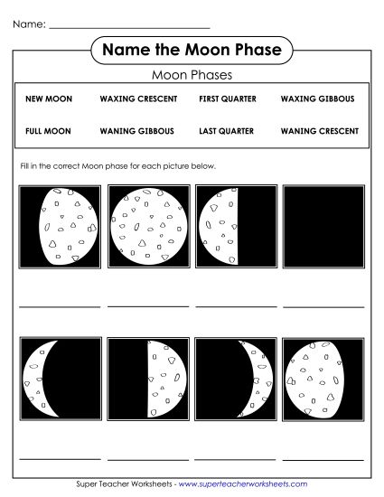 Moon Phases - Name the Moon Phase w/ Word Bank (Printable PDF Worksheet)