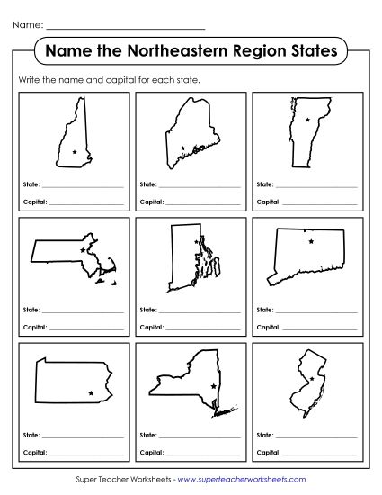 Name the States Worksheets - Name the States: Northeastern Region (Printable PDF Worksheet)