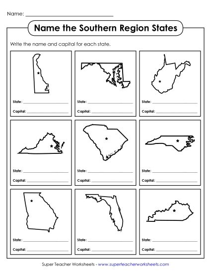 Name the States Worksheets - Name the States: Southern Region (Printable PDF Worksheet)