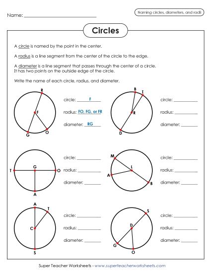 Radius and Diameter (Basic) - Naming the Radius & Diameter (Printable PDF Worksheet)