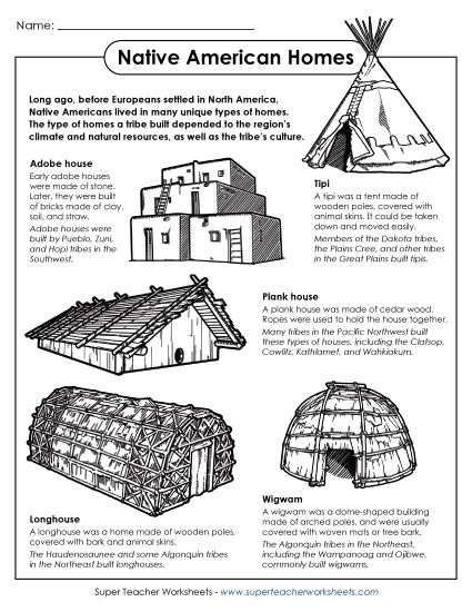 Traditional Native American Homes - Native American Homes (Printable PDF Worksheet)