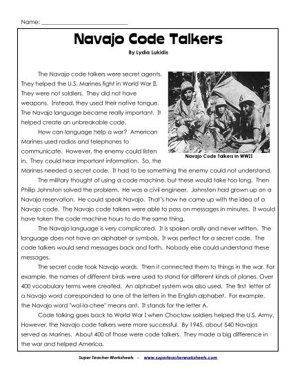 Reading Comprehension - Navajo Code Talkers Passage (Printable PDF Worksheet)