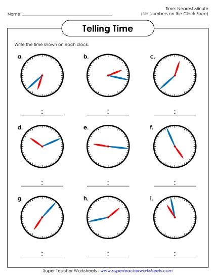 No Numbers on Clock Faces (Advanced) - Nearest  Minute - No Numbers on Clocks (Printable PDF Worksheet)