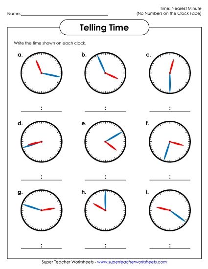 No Numbers on Clock Faces (Advanced) - Nearest Minute - No Numbers on the Clock Faces 3 (Printable PDF Worksheet)