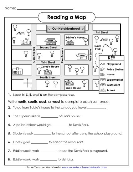 Basic Map Skills - Neighborhood Map (Printable PDF Worksheet)
