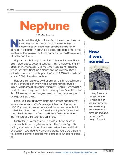 Articles with Questions - Neptune Article & Questions (Printable PDF Worksheet)