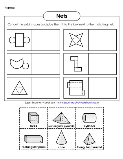 Geometry: Nets - Net Shapes Cut and Glue Worksheet #3 (Printable PDF Worksheet)