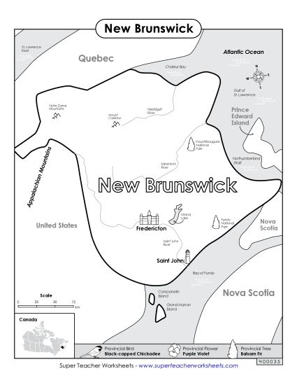 Maps - New Brunswick Map (Black & White) (Printable PDF Worksheet)