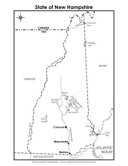 Maps - New Hampshire State Map (Labeled) (Printable PDF Worksheet)