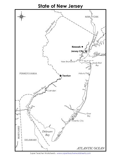 Maps - New Jersey State Map (Labeled) (Printable PDF Worksheet)