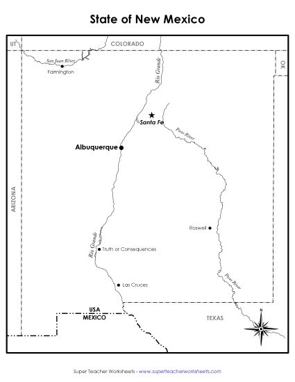 Maps - New Mexico State Map (Labeled) (Printable PDF Worksheet)