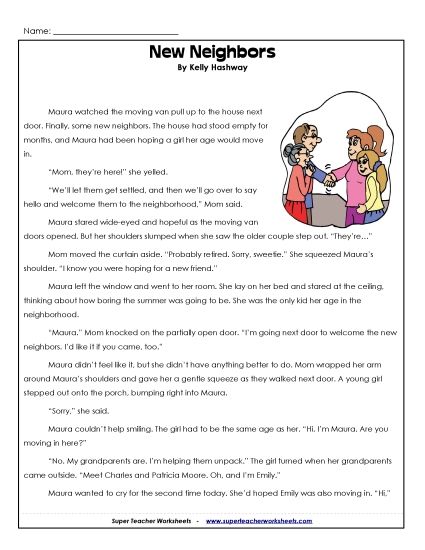 Reading Comprehension - New Neighbors (Fiction Story) (Printable PDF Worksheet)