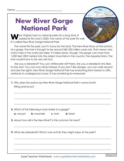 Reading Comprehension - New River Gorge National Park Passage (Printable PDF Worksheet)
