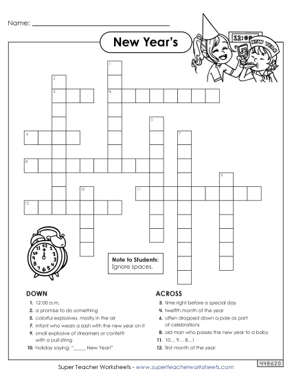 New Year Puzzles - New Year Crossword (Printable PDF Worksheet)