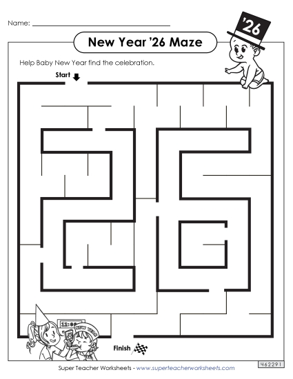 New Year Puzzles - New Year Maze (2026) (Printable PDF Worksheet)