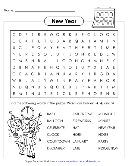 New Year Puzzles - New Year Word Search (Printable PDF Worksheet)