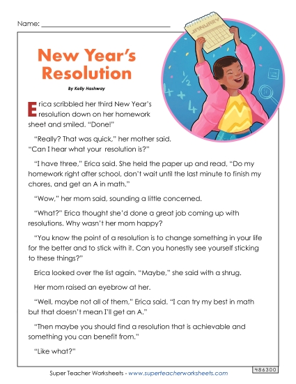 Reading Comprehension - New Year's Resolution (Fiction) (Printable PDF Worksheet)