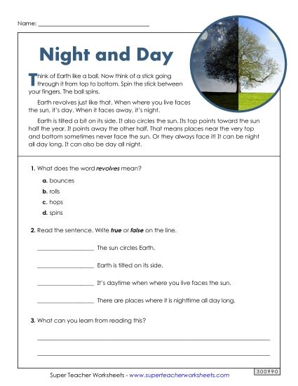 Short Passages - Night and Day (Nonfiction) (Printable PDF Worksheet)
