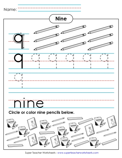 Number Nine - Nine: Trace, Print, Count (Printable PDF Worksheet)