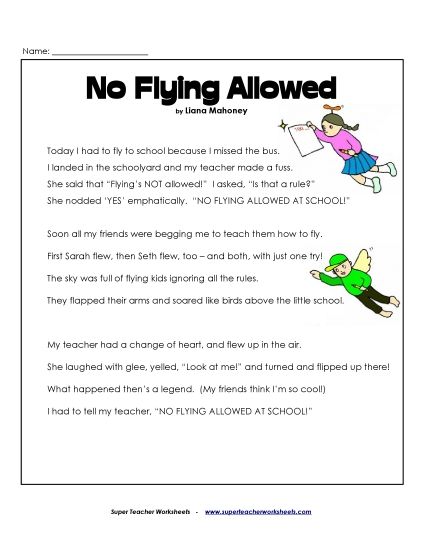 Poems - No Flying in School (Poem) (Printable PDF Worksheet)