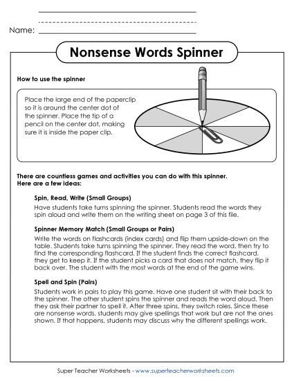 Classroom Tools and Games - Nonsense Words Spinner (Printable PDF Worksheet)