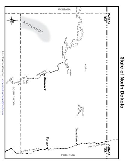 Maps - North Dakota State Map (Labeled) (Printable PDF Worksheet)