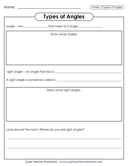 Angle Types: Acute, Obtuse, Right - Notes - 3 Types of Angles (Printable PDF Worksheet)