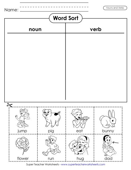 Basic Nouns - Noun and Verb Sort (Printable PDF Worksheet)