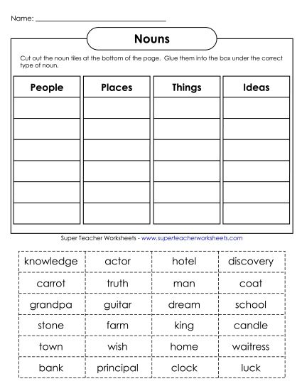 Basic Nouns - Noun Cut & Sort (Intermediate) (Printable PDF Worksheet)