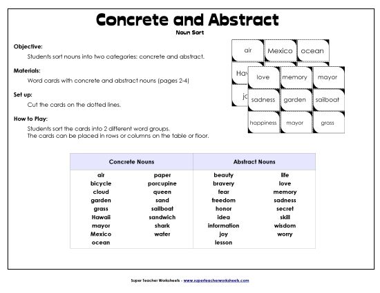 Abstract and Concrete Nouns - Noun Sort: Concrete and Abstract (Printable PDF Worksheet)
